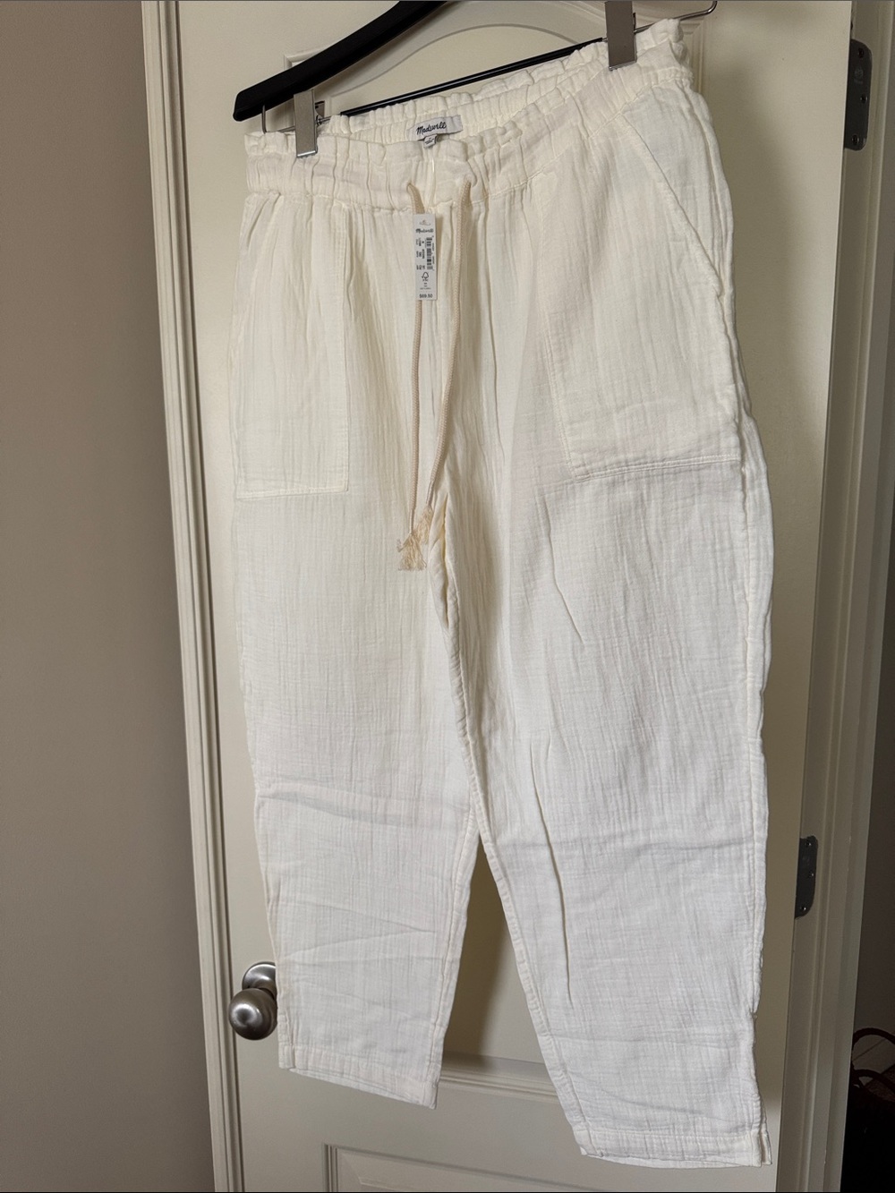 Madewell White Cropped Drawstring Linen Pants